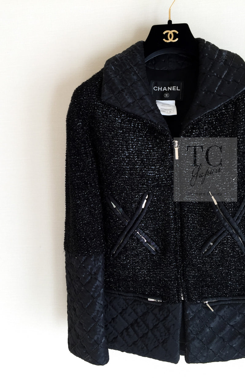 CHANEL 13A Black Quilted Metallic Zipper Tweed Jacket 34 シャネル ブラック メタリック ジッパー ツイード ジャケット 即発