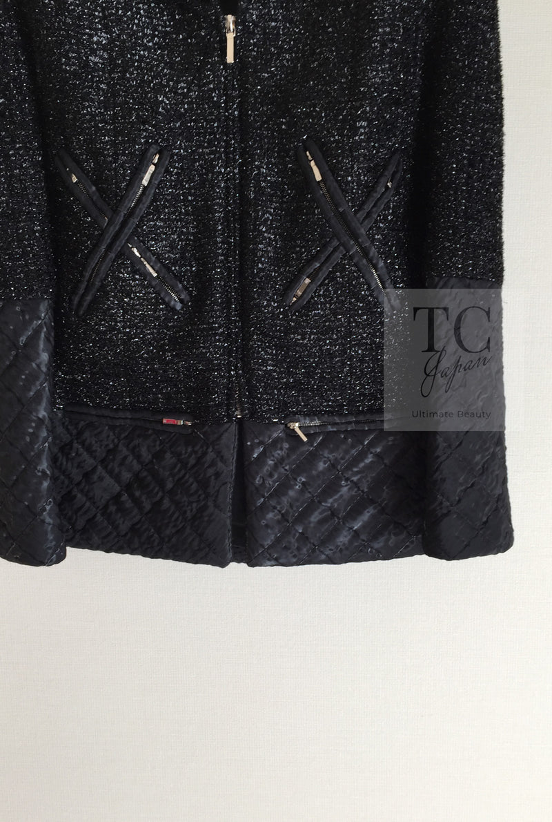 CHANEL 13A Black Quilted Metallic Zipper Tweed Jacket 34 シャネル ブラック メタリック ジッパー ツイード ジャケット 即発