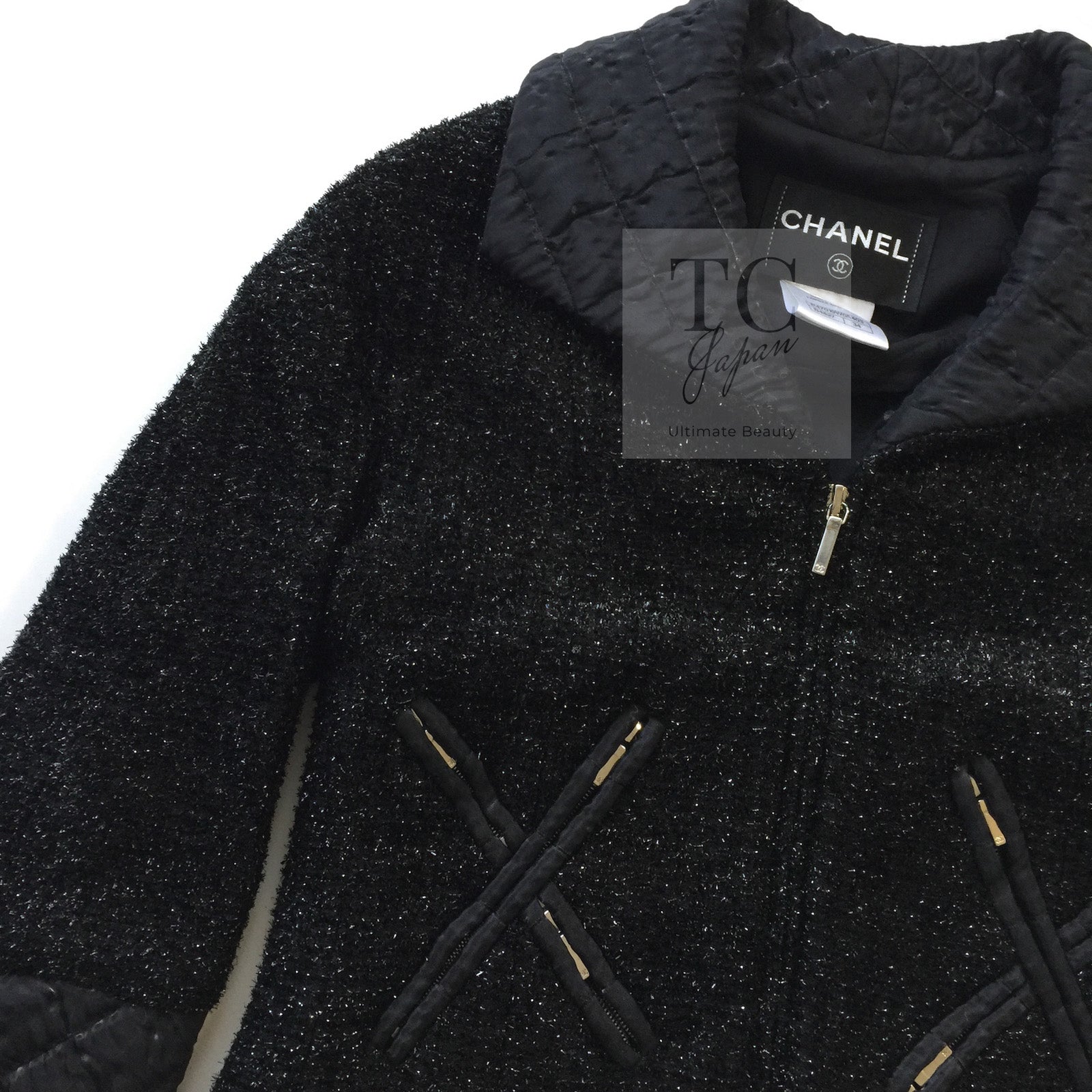 CHANEL 13A Black Quilted Metallic Zipper Tweed Jacket 34 シャネル ブラック メタリック ジッパー ツイード ジャケット 即発