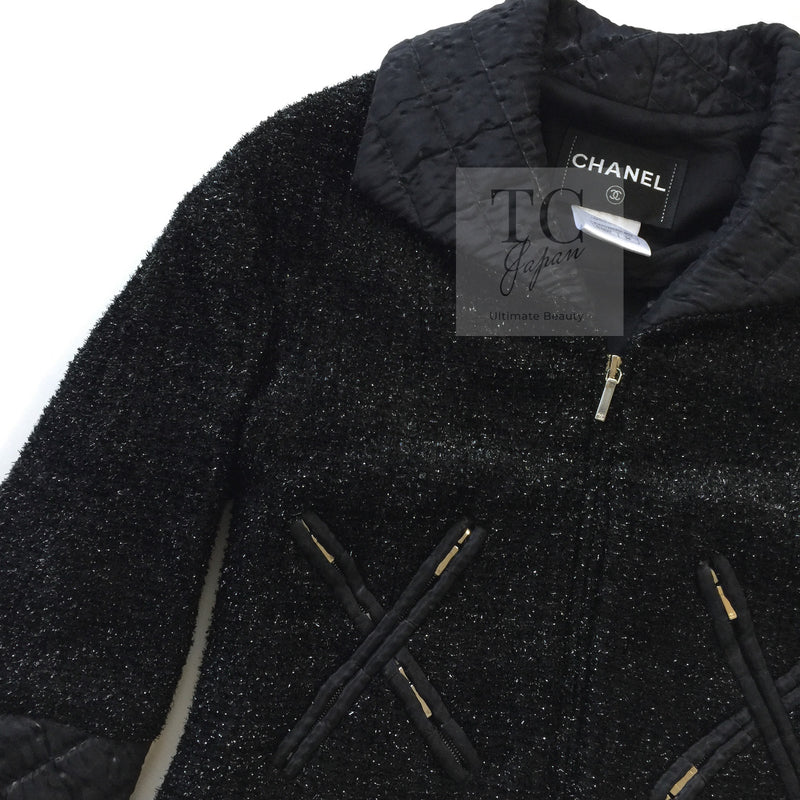 CHANEL 13A Black Quilted Metallic Zipper Tweed Jacket 34 シャネル ブラック メタリック ジッパー ツイード ジャケット 即発