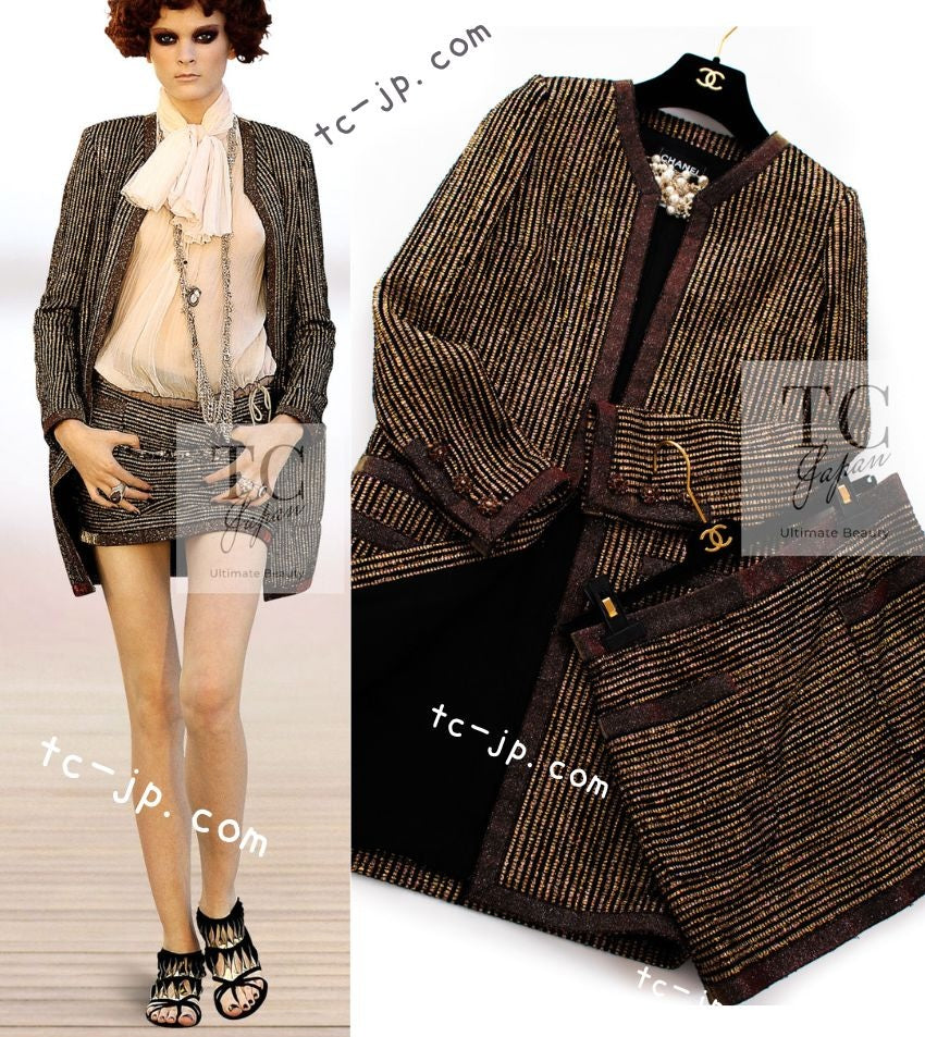 CHANEL 10C Gold Metallic Stripe Long Jacket Coat Skirt Setup 34 シャネル ゴールド メタリック ストライプ ロング ジャケット コート スカート セットアップ 即発