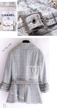 CHANEL 13C Mint Blue Gray Silver Ruffle Lace Tweed Jacket 34 シャネル ミント ブルーグレー ラッフル シルバー レース ツイード ジャケット 即発