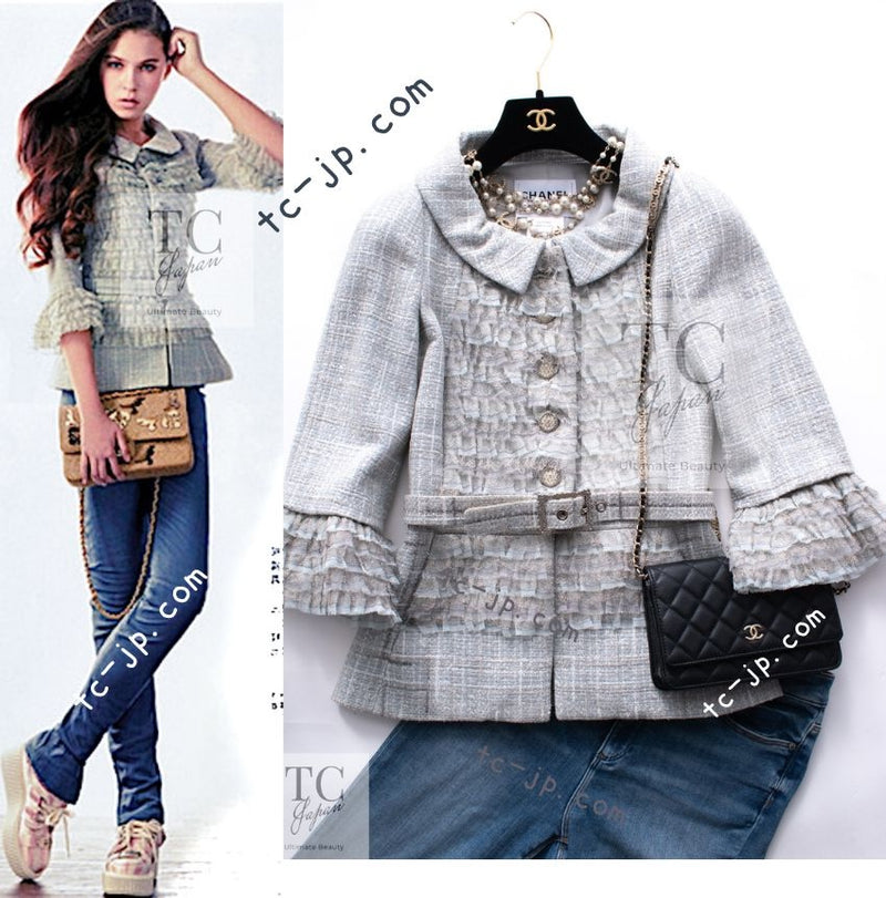 CHANEL 13C Mint Blue Gray Silver Ruffle Lace Tweed Jacket 34 シャネル ミント ブルーグレー ラッフル シルバー レース ツイード ジャケット 即発