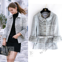 CHANEL 13C Mint Blue Gray Silver Ruffle Lace Tweed Jacket 34 シャネル ミント ブルーグレー ラッフル シルバー レース ツイード ジャケット 即発