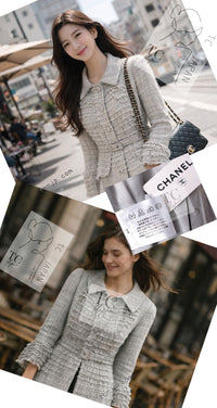 CHANEL 13C Mint Blue Gray Silver Ruffle Lace Tweed Jacket 34 シャネル ミント ブルーグレー ラッフル シルバー レース ツイード ジャケット 即発