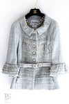 CHANEL 13C Mint Blue Gray Silver Ruffle Lace Tweed Jacket 34 シャネル ミント ブルーグレー ラッフル シルバー レース ツイード ジャケット 即発