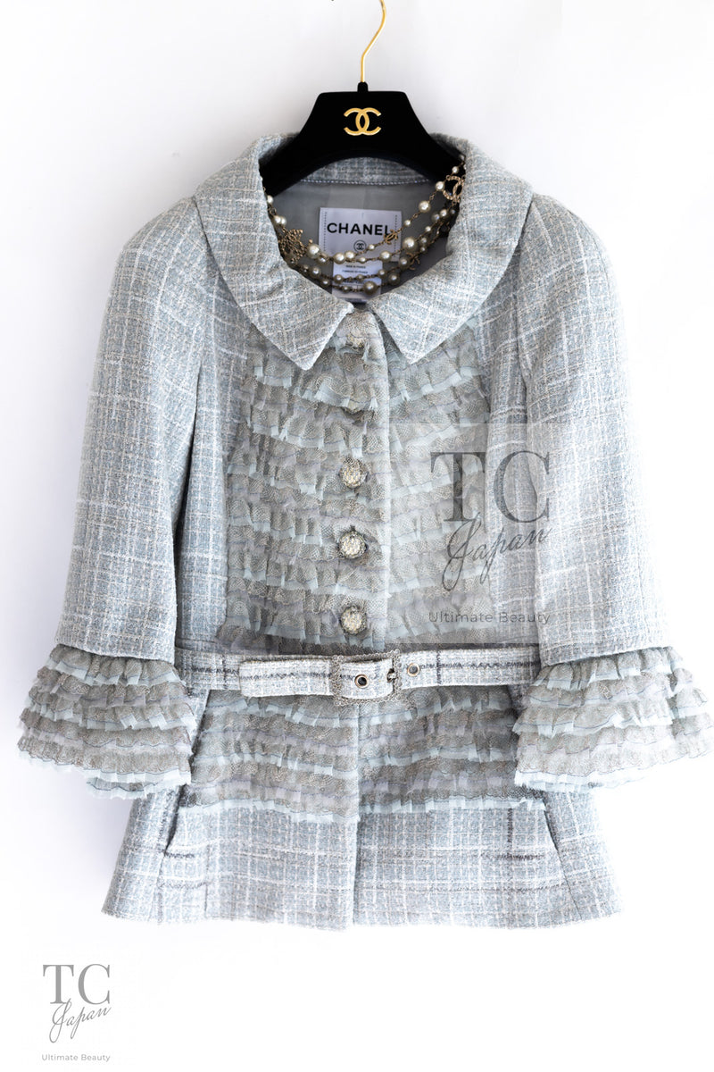 CHANEL 13C Mint Blue Gray Silver Ruffle Lace Tweed Jacket 34 シャネル ミント ブルーグレー ラッフル シルバー レース ツイード ジャケット 即発