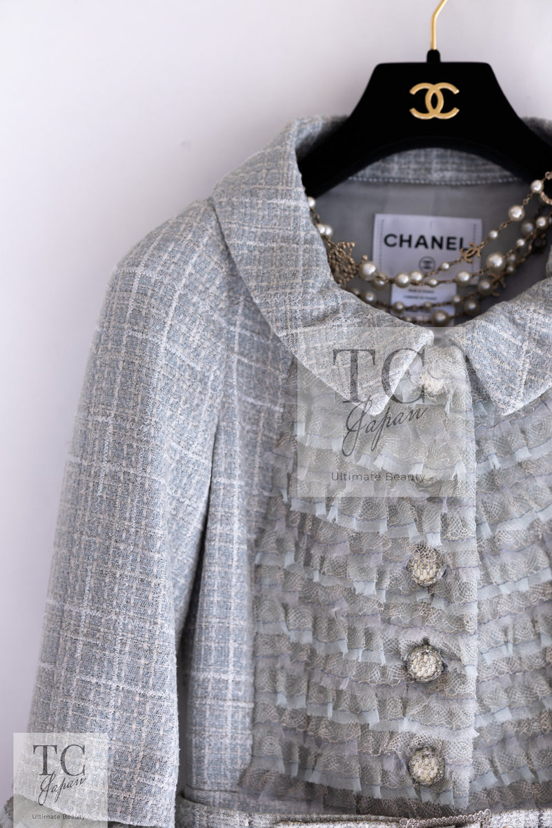 CHANEL 13C Mint Blue Gray Silver Ruffle Lace Tweed Jacket 34 シャネル ミント ブルーグレー ラッフル シルバー レース ツイード ジャケット 即発