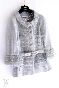 CHANEL 13C Mint Blue Gray Silver Ruffle Lace Tweed Jacket 34 シャネル ミント ブルーグレー ラッフル シルバー レース ツイード ジャケット 即発