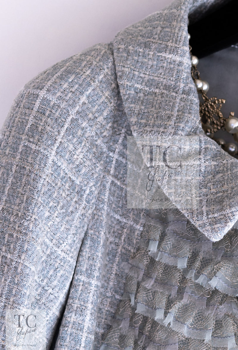 CHANEL 13C Mint Blue Gray Silver Ruffle Lace Tweed Jacket 34 シャネル ミント ブルーグレー ラッフル シルバー レース ツイード ジャケット 即発