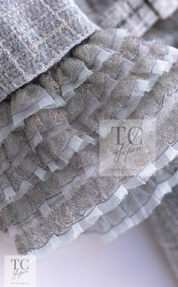 CHANEL 13C Mint Blue Gray Silver Ruffle Lace Tweed Jacket 34 シャネル ミント ブルーグレー ラッフル シルバー レース ツイード ジャケット 即発