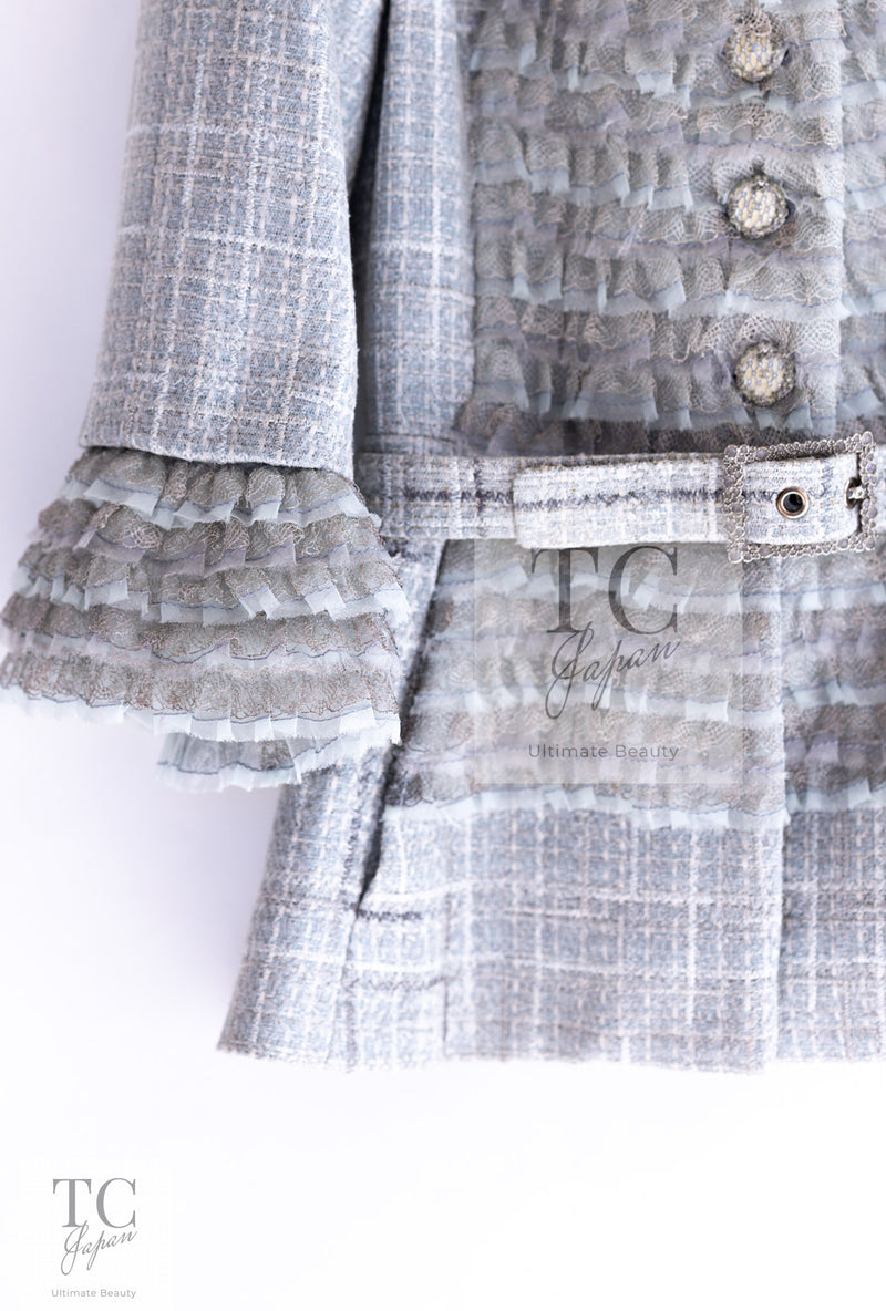 CHANEL 13C Mint Blue Gray Silver Ruffle Lace Tweed Jacket 34 シャネル ミント ブルーグレー ラッフル シルバー レース ツイード ジャケット 即発