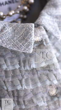 CHANEL 13C Mint Blue Gray Silver Ruffle Lace Tweed Jacket 34 シャネル ミント ブルーグレー ラッフル シルバー レース ツイード ジャケット 即発