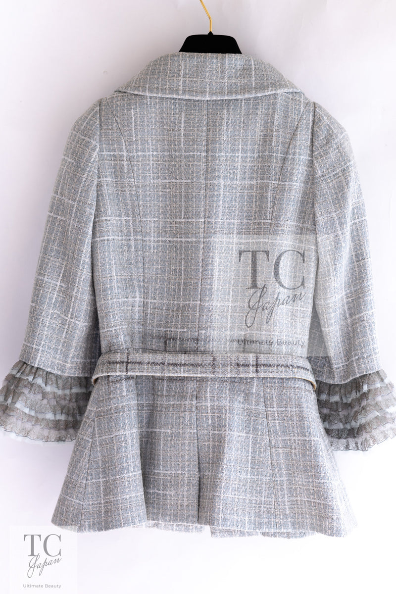 CHANEL 13C Mint Blue Gray Silver Ruffle Lace Tweed Jacket 34 シャネル ミント ブルーグレー ラッフル シルバー レース ツイード ジャケット 即発