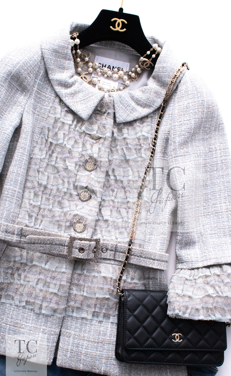 CHANEL 13C Mint Blue Gray Silver Ruffle Lace Tweed Jacket 34 シャネル ミント ブルーグレー ラッフル シルバー レース ツイード ジャケット 即発