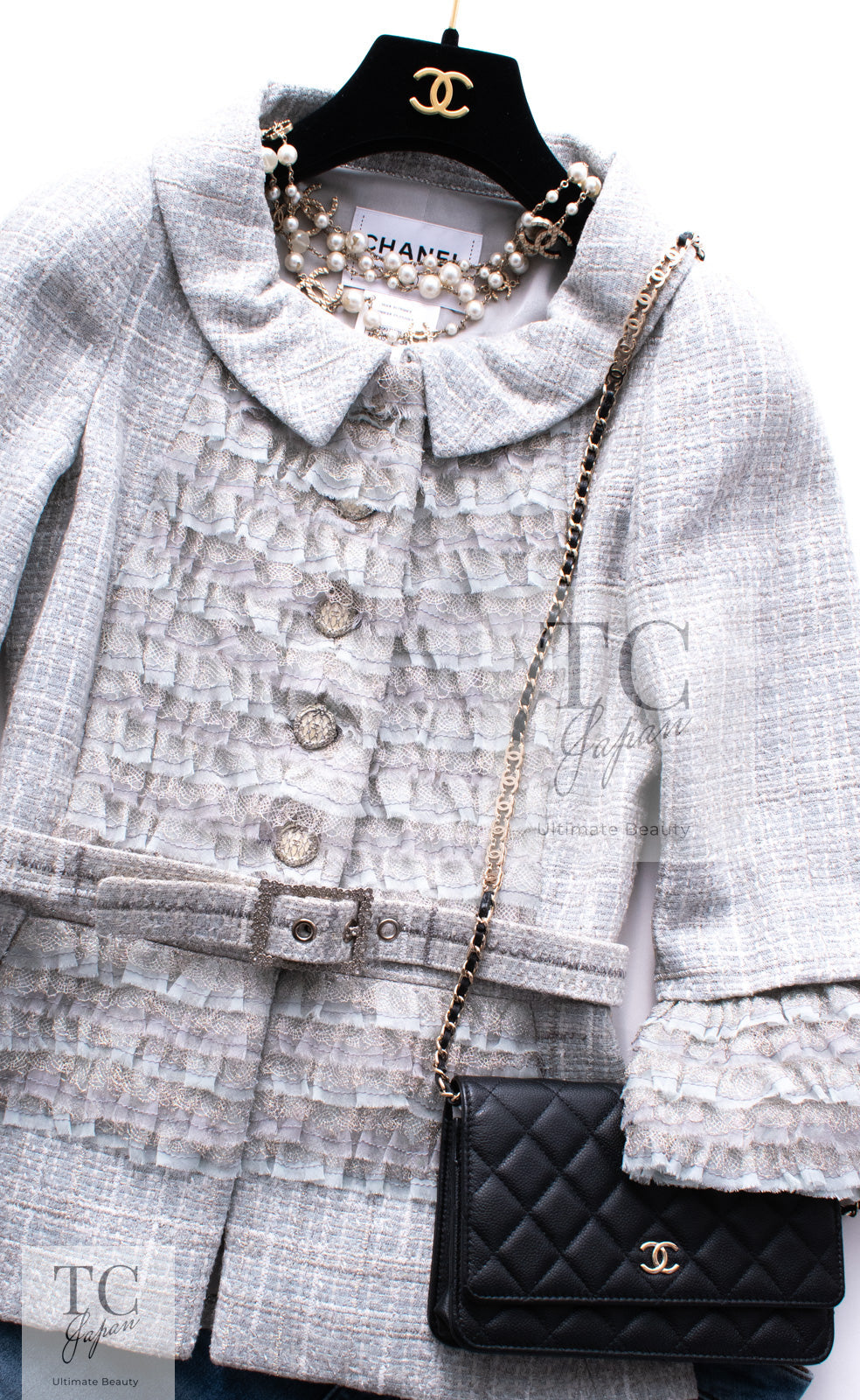 シャネル ジャケット CHANEL ブルー グレー ラッフル ツイード