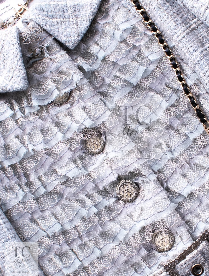 CHANEL 13C Mint Blue Gray Silver Ruffle Lace Tweed Jacket 34 シャネル ミント ブルーグレー ラッフル シルバー レース ツイード ジャケット 即発