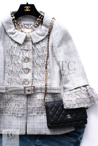 CHANEL 13C Mint Blue Gray Silver Ruffle Lace Tweed Jacket 34 シャネル ミント ブルーグレー ラッフル シルバー レース ツイード ジャケット 即発