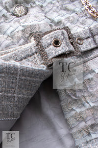 CHANEL 13C Mint Blue Gray Silver Ruffle Lace Tweed Jacket 34 シャネル ミント ブルーグレー ラッフル シルバー レース ツイード ジャケット 即発