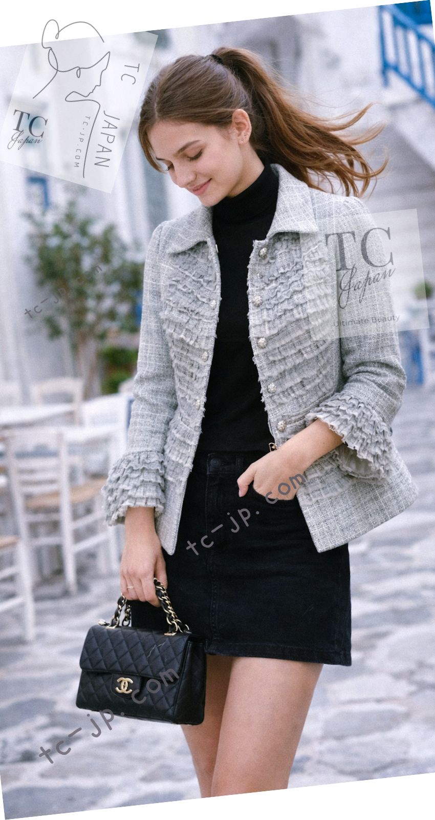 CHANEL 13C Mint Blue Gray Silver Ruffle Lace Tweed Jacket 34 シャネル ミント ブルーグレー ラッフル シルバー レース ツイード ジャケット 即発