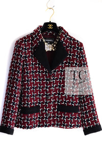 CHANEL 15A Burgundy Red Black Wool Tweed Jacket 36 38 シャネル バーガンディー レッド ブラック ウール ジャケット 即発