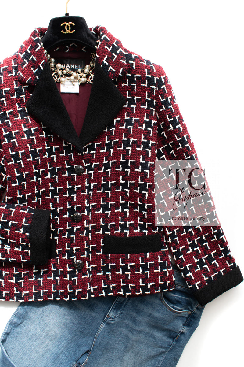 CHANEL 15A Burgundy Red Black Wool Tweed Jacket 36 38 シャネル バーガンディー レッド ブラック ウール ジャケット 即発