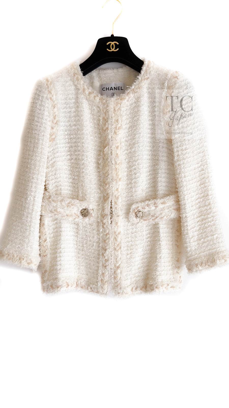 CHANEL 10C Ivory Creme Braid Trim Belt Tweed Jacket 42 シャネル アイボリー クリーム ブレイド トリム ベルト ツイード ジャケット 即発