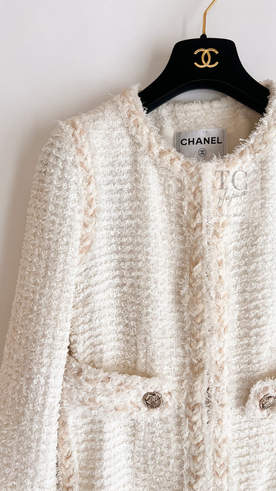 CHANEL 10C Ivory Creme Braid Trim Belt Tweed Jacket 42 シャネル アイボリー クリーム ブレイド トリム ベルト ツイード ジャケット 即発