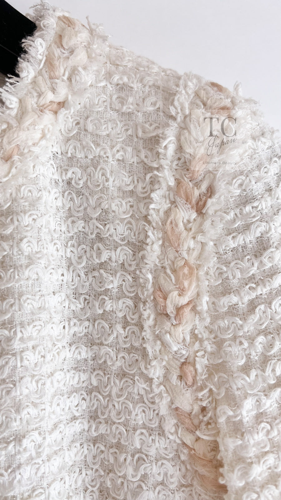 CHANEL 10C Ivory Creme Braid Trim Belt Tweed Jacket 42 シャネル アイボリー クリーム ブレイド トリム ベルト ツイード ジャケット 即発