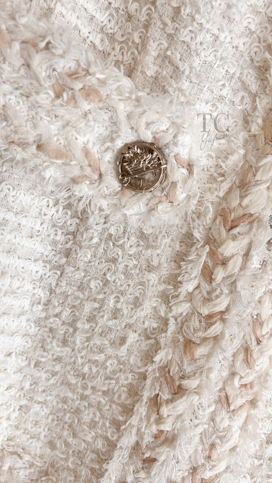 CHANEL 10C Ivory Creme Braid Trim Belt Tweed Jacket 42 シャネル アイボリー クリーム ブレイド トリム ベルト ツイード ジャケット 即発
