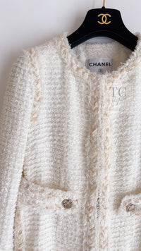 CHANEL 10C Ivory Creme Braid Trim Belt Tweed Jacket 42 シャネル アイボリー クリーム ブレイド トリム ベルト ツイード ジャケット 即発