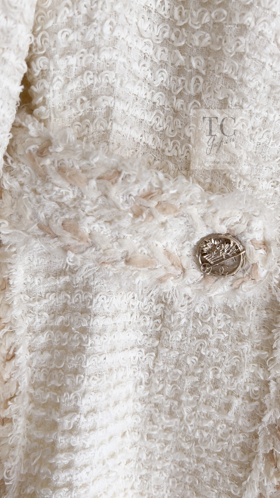 CHANEL 10C Ivory Creme Braid Trim Belt Tweed Jacket 42 シャネル アイボリー クリーム ブレイド トリム ベルト ツイード ジャケット 即発