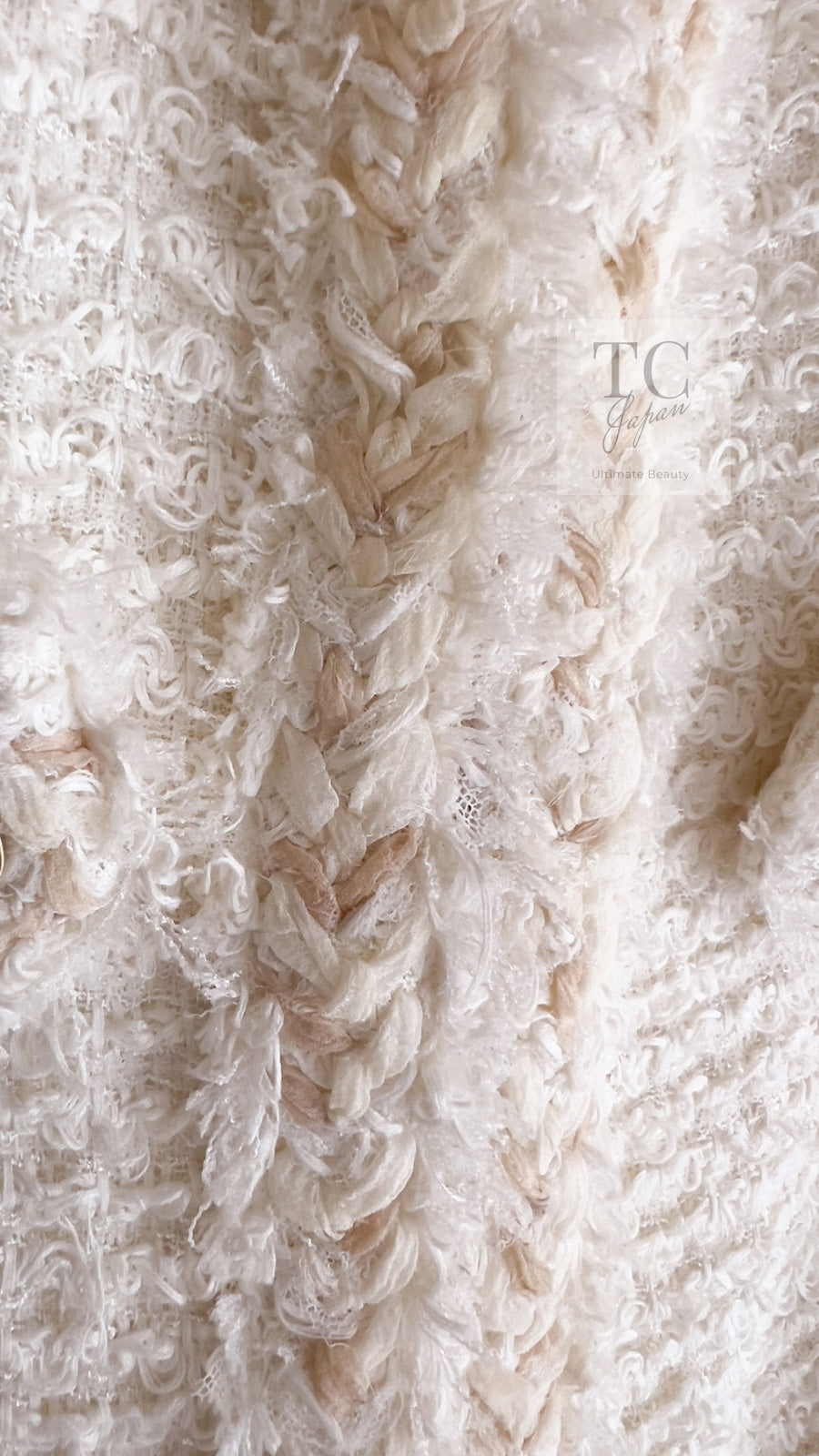 CHANEL 10C Ivory Creme Braid Trim Belt Tweed Jacket 42 シャネル アイボリー クリーム ブレイド トリム ベルト ツイード ジャケット 即発