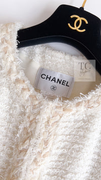 CHANEL 10C Ivory Creme Braid Trim Belt Tweed Jacket 42 シャネル アイボリー クリーム ブレイド トリム ベルト ツイード ジャケット 即発