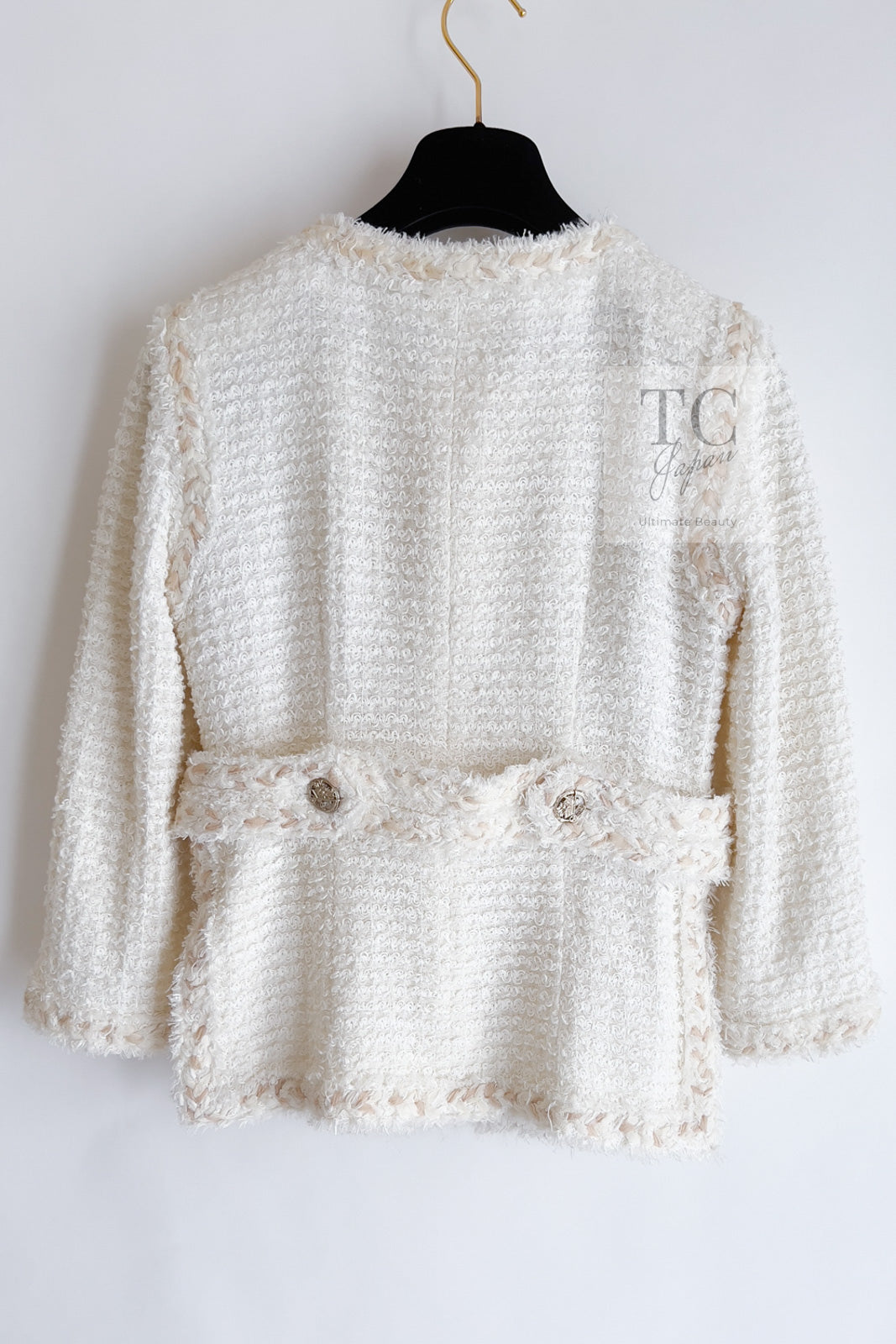 CHANEL 10C Ivory Creme Braid Trim Belt Tweed Jacket 42 シャネル アイボリー クリーム ブレイド トリム ベルト ツイード ジャケット 即発