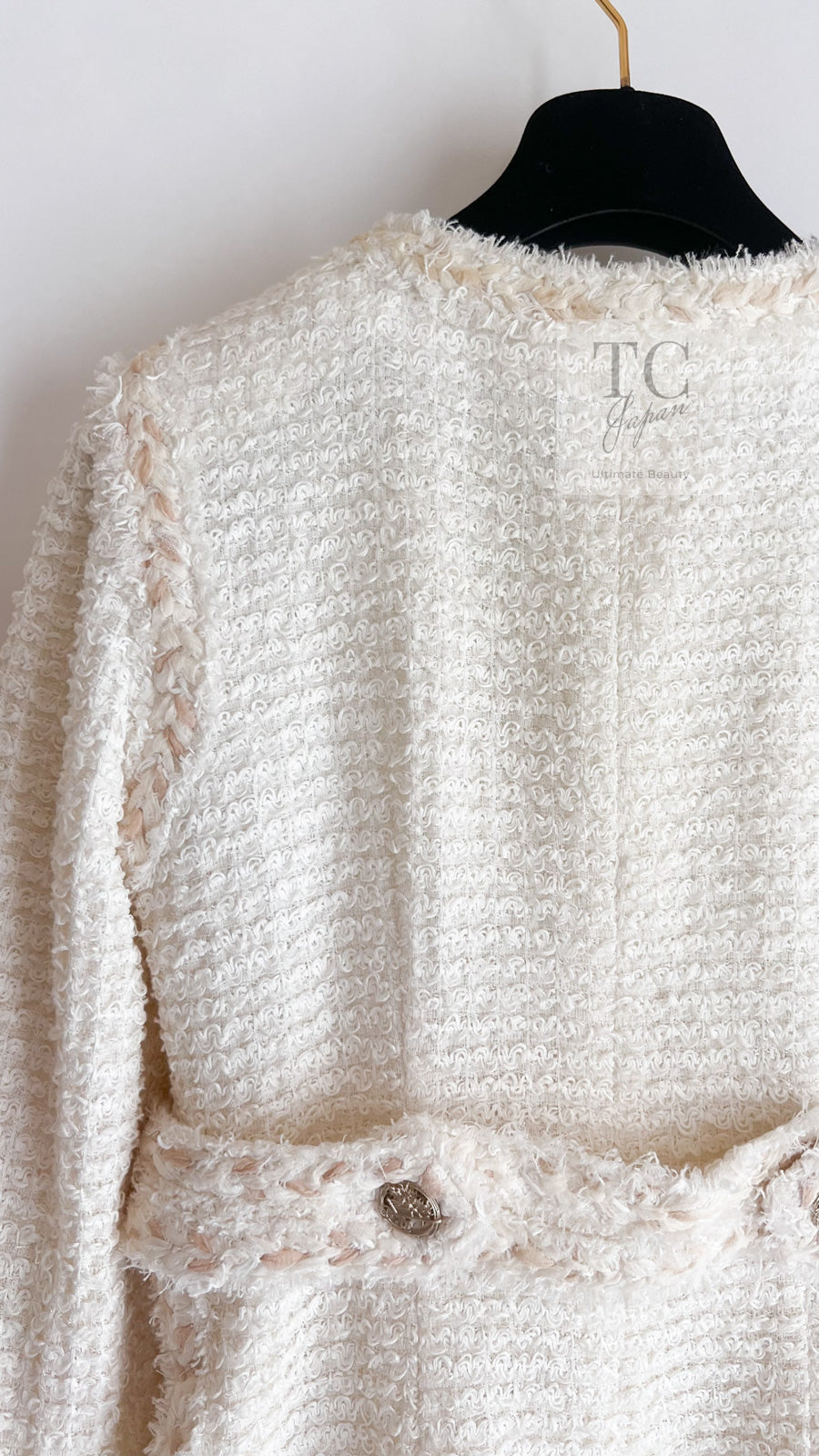 CHANEL 10C Ivory Creme Braid Trim Belt Tweed Jacket 42 シャネル アイボリー クリーム ブレイド トリム ベルト ツイード ジャケット 即発