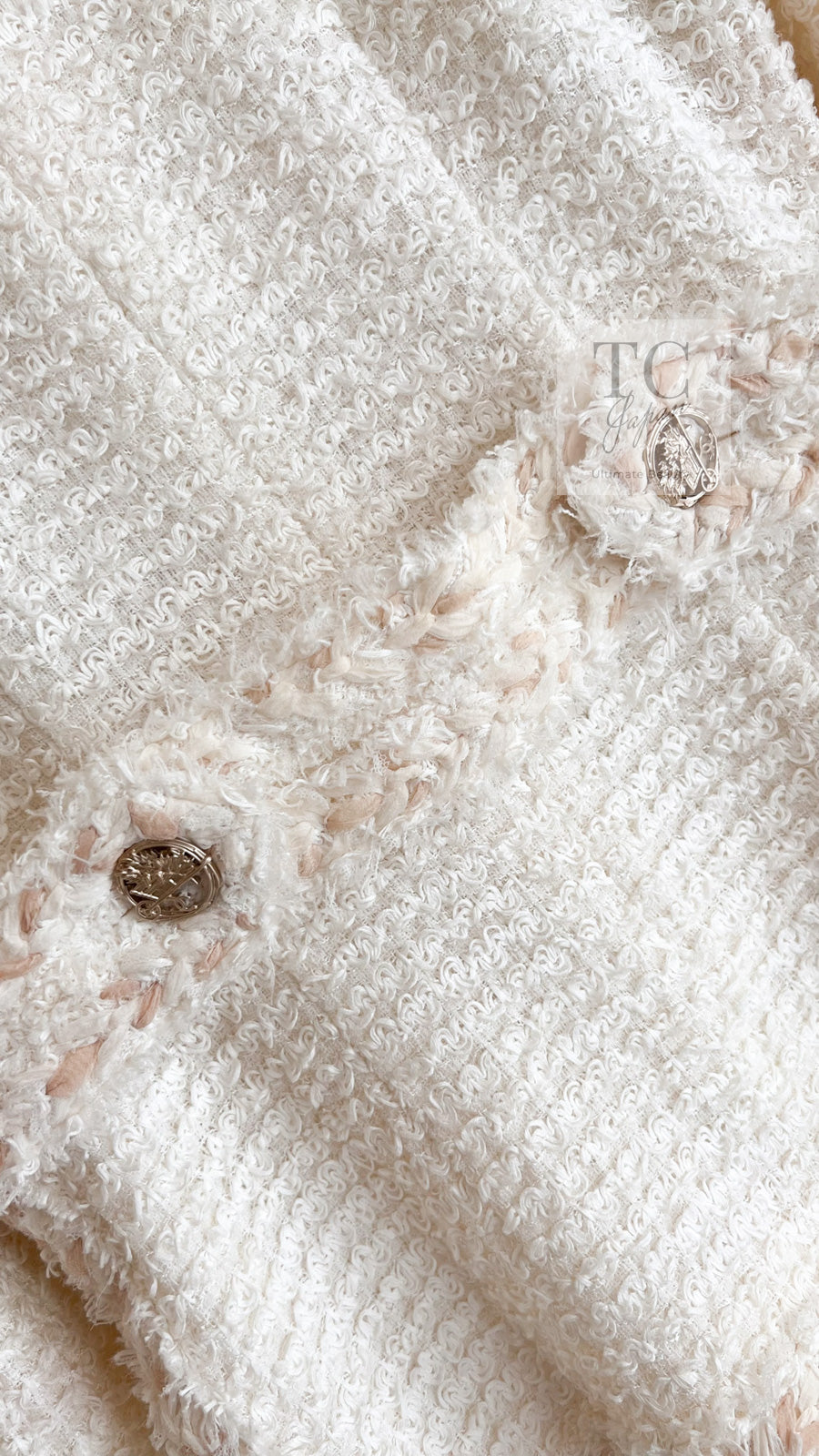 CHANEL 10C Ivory Creme Braid Trim Belt Tweed Jacket 42 シャネル アイボリー クリーム ブレイド トリム ベルト ツイード ジャケット 即発