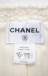 CHANEL 10C Ivory Creme Braid Trim Belt Tweed Jacket 42 シャネル アイボリー クリーム ブレイド トリム ベルト ツイード ジャケット 即発