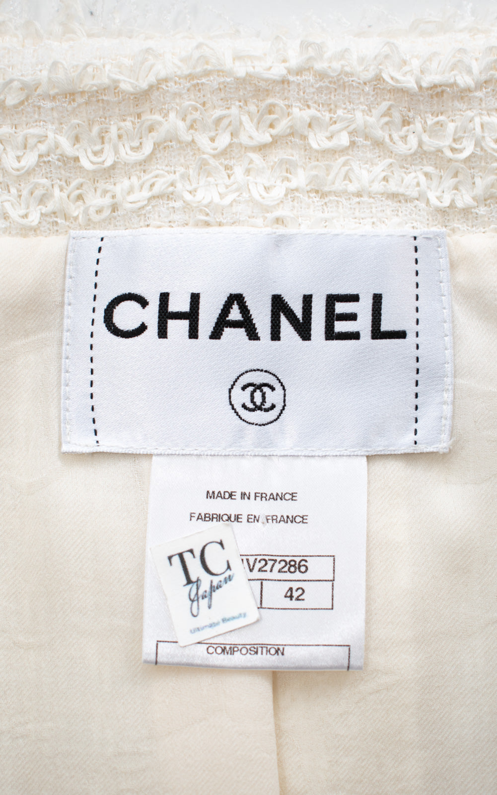 CHANEL 10C Ivory Creme Braid Trim Belt Tweed Jacket 42 シャネル アイボリー クリーム ブレイド トリム ベルト ツイード ジャケット 即発