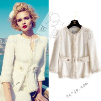 CHANEL 10C Ivory Creme Braid Trim Belt Tweed Jacket 42 シャネル アイボリー クリーム ブレイド トリム ベルト ツイード ジャケット 即発