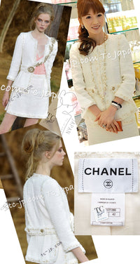 CHANEL 10C Ivory Creme Braid Trim Belt Tweed Jacket 42 シャネル アイボリー クリーム ブレイド トリム ベルト ツイード ジャケット 即発