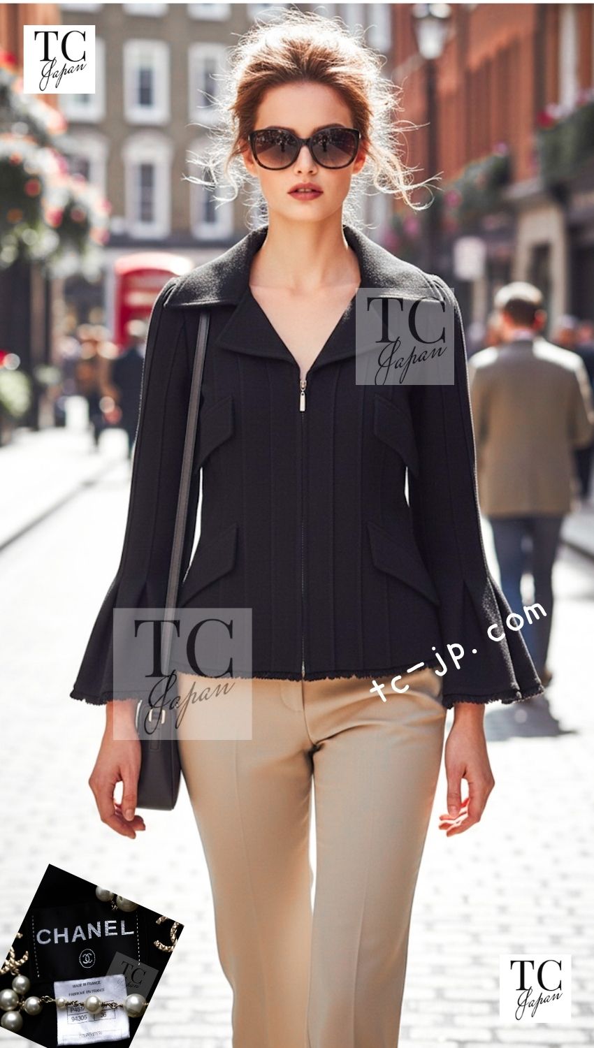CHANEL 13C Black Flare Sleeves Wool Zipper Tweed Jacket 36 シャネル ブラック フレアスリーブ ウール ジッパー ジャケット 即発