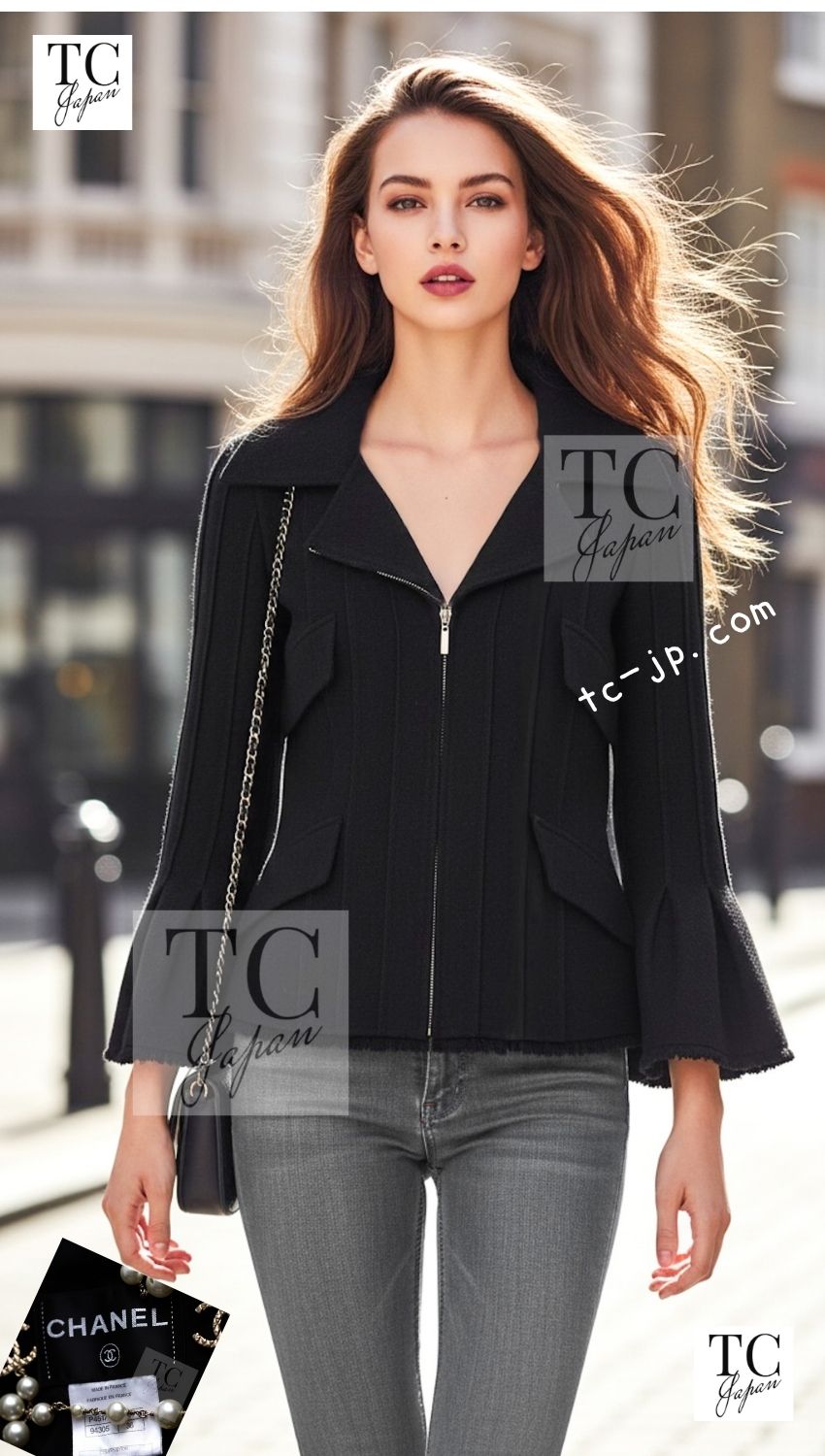 CHANEL 13C Black Flare Sleeves Wool Zipper Tweed Jacket 36 シャネル ブラック フレアスリーブ ウール ジッパー ジャケット 即発