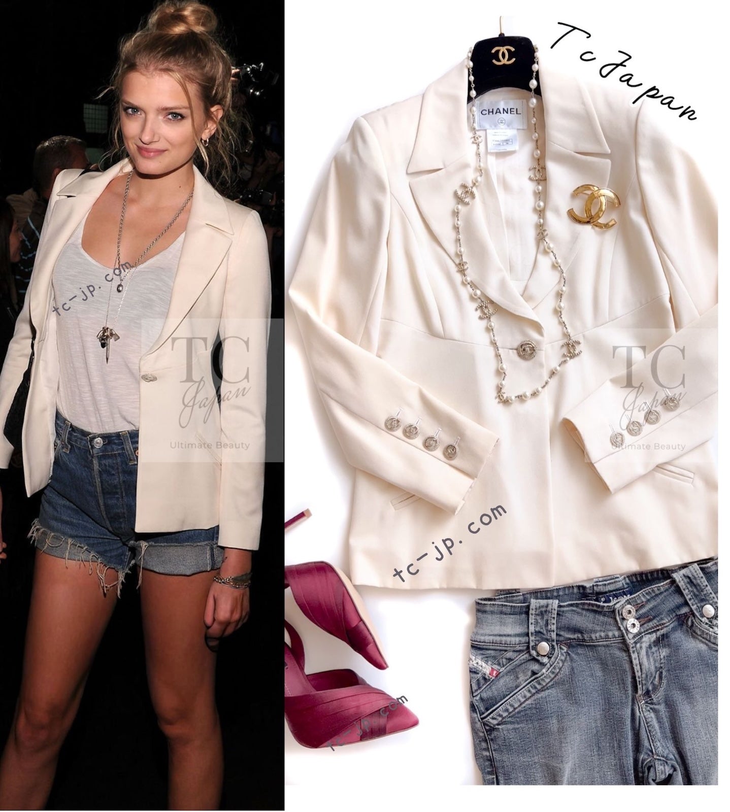 CHANEL 11C Ivory Cream Simple Single Logo Button Tailored Wool Jacket 38 シャネル アイボリー クリーム ウール シンプル ブレザー ジャケット ココボタン 即発