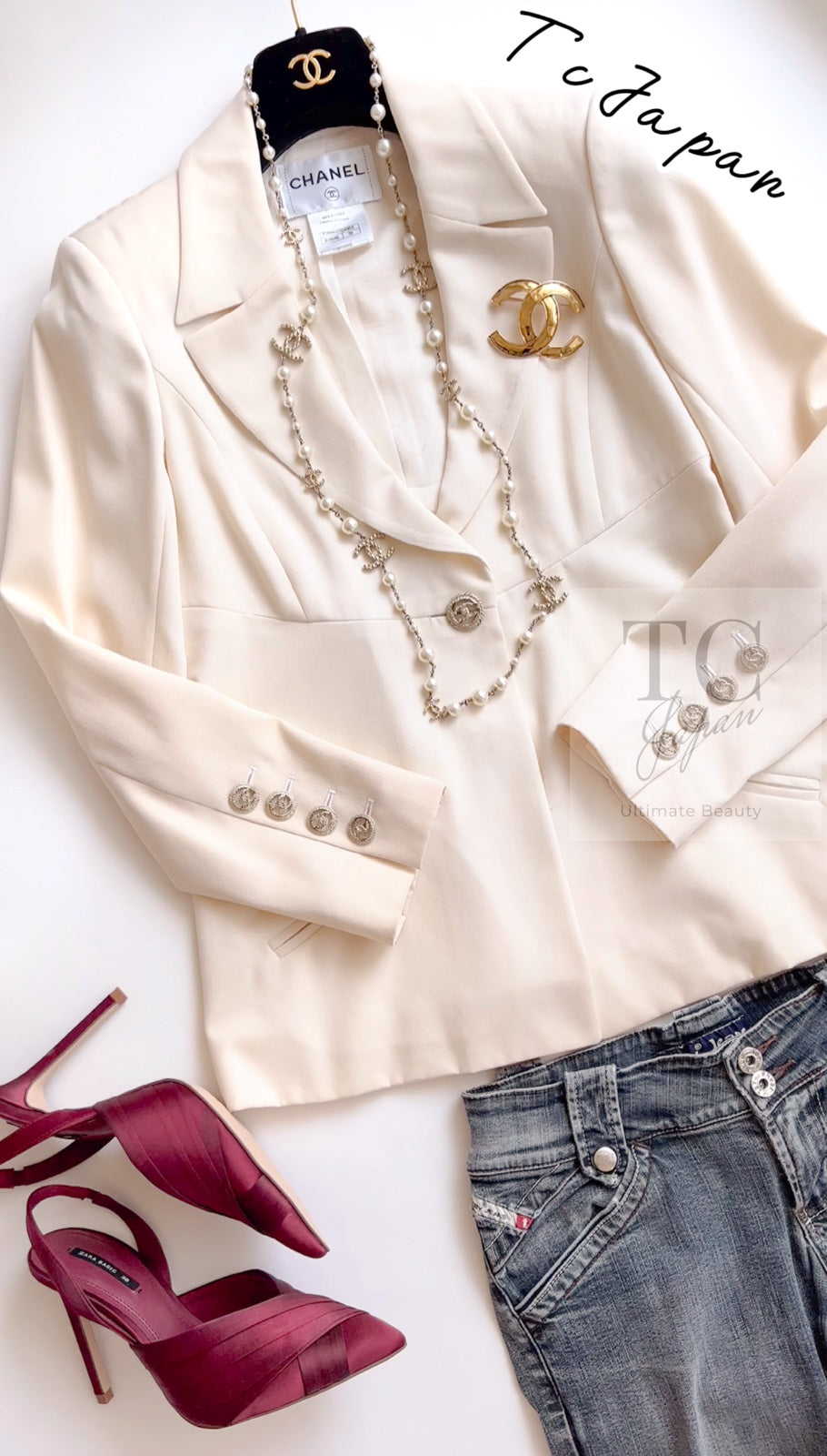 CHANEL 11C Ivory Cream Simple Single Logo Button Tailored Wool Jacket 38 シャネル アイボリー クリーム ウール シンプル ブレザー ジャケット ココボタン 即発