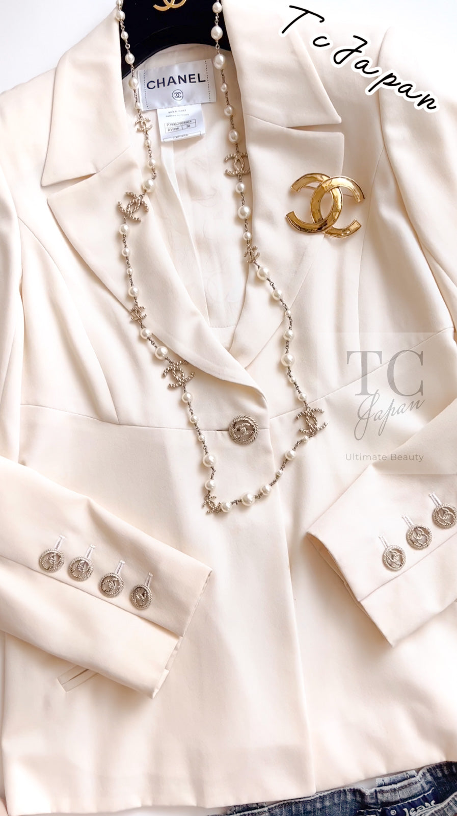 CHANEL 11C Ivory Cream Simple Single Logo Button Tailored Wool Jacket 38 シャネル アイボリー クリーム ウール シンプル ブレザー ジャケット ココボタン 即発