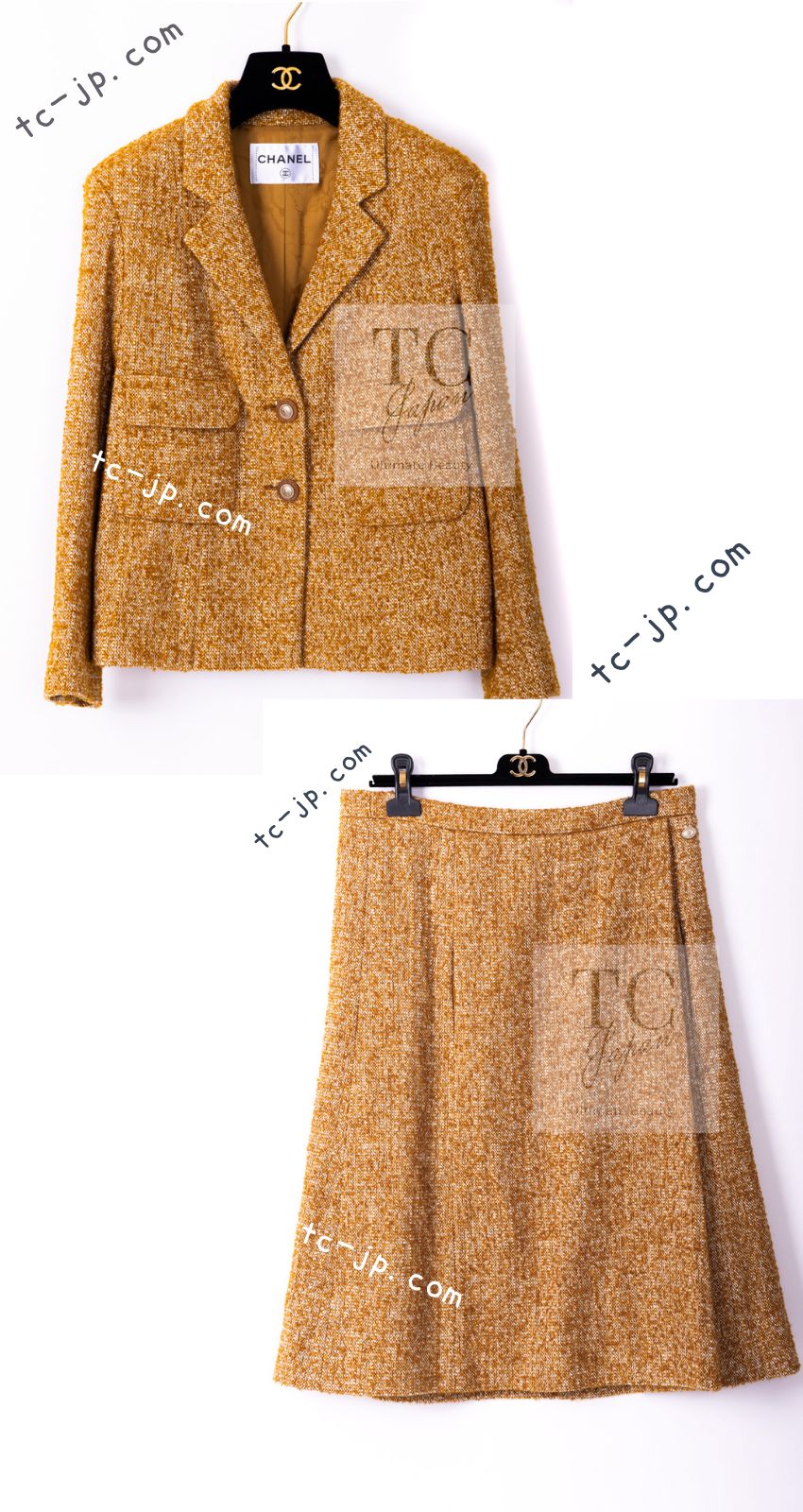 CHANEL 14PF Beige Brown Wool Cotton Tweed Jacket Skirt Suit 44 シャネル ベージュ ブラウン ウール コットン ツイード ジャケット スカート スーツ 即発