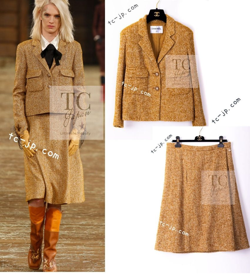 シャネル ジャケット スーツ CHANEL イエロー ブラウン ウール