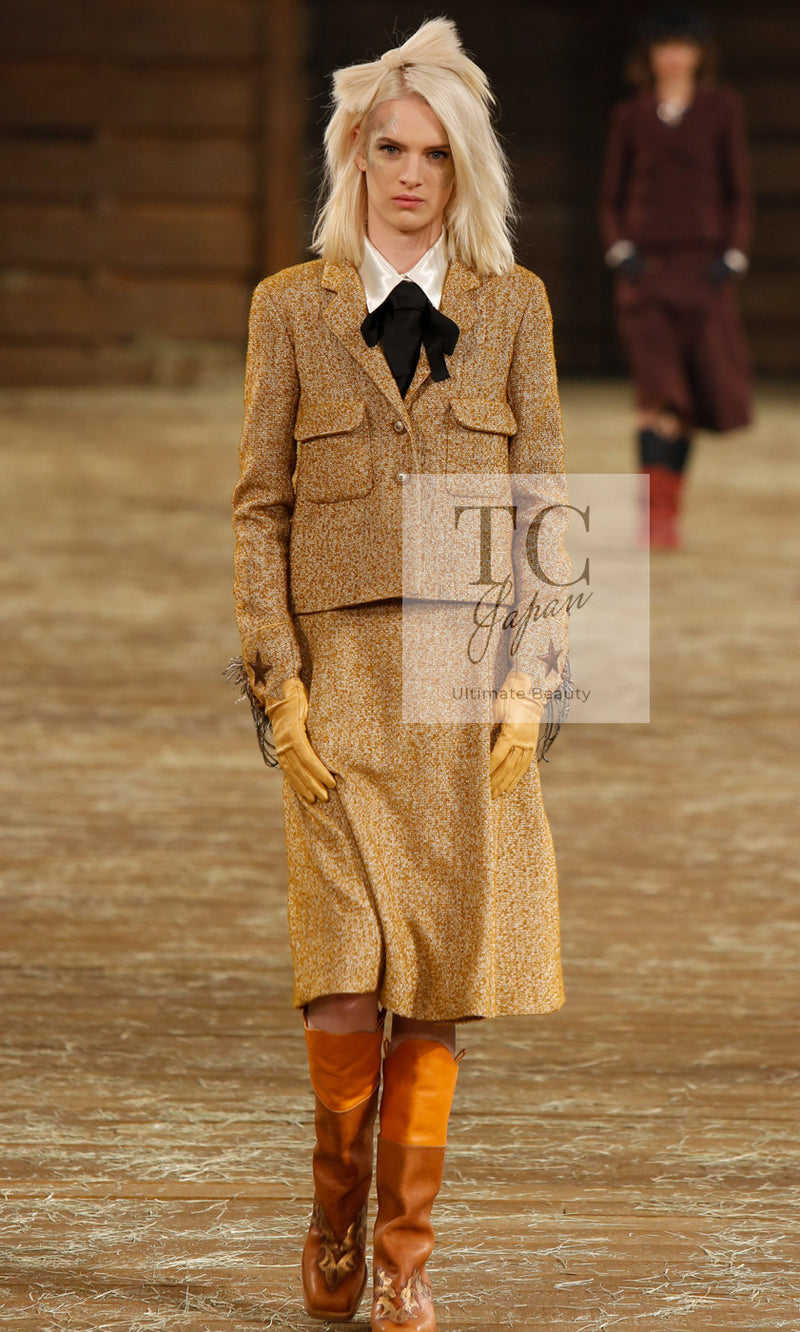 CHANEL 14PF Beige Brown Wool Cotton Tweed Jacket Skirt Suit 44 シャネル ベージュ ブラウン ウール コットン ツイード ジャケット スカート スーツ 即発