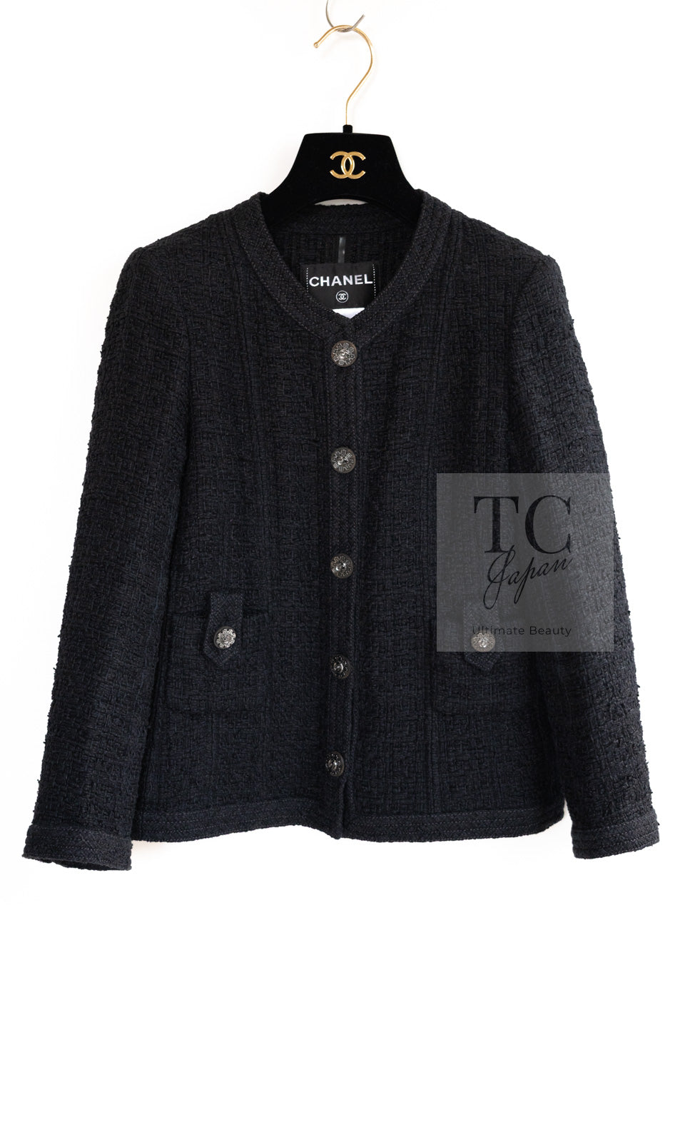CHANEL 16C Little Black Cotton Tweed Collarless Jacket 44 シャネル リトル ブラック コットン ツイード ノーカラー ジャケット 即発